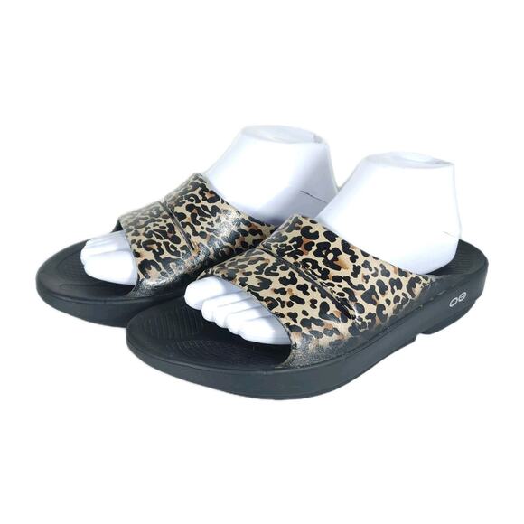 OOFOS Ooahh US M8 M10 Cheetah Print Black Slides Sandals Shoes Limited Edition - Picture 1 of 16